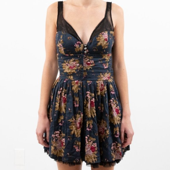 Free People XS Floral Print Cotton Mini Dress Blue - Picture 9 of 9